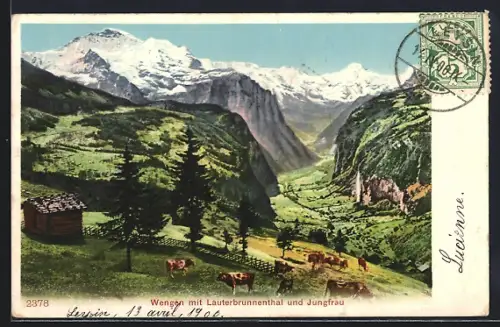 Künstler-AK Wengen, Panorama mit Lauterbrunnenthal, Jungfrau und Kühen