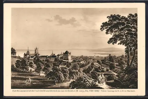 Künstler-AK Lausanne, Panorama et l`extrémité occidentale du Lac de Genève