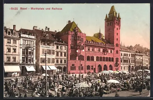 AK Basel, Marktplatz mit Kaffeerösterei F. Riggenbach z. Arm und Rathaus