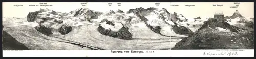 Klapp-AK Gornergrat, Panorama mit Monte-Rosa, Breithorn, Hotel Gronergrat und Matterhorn