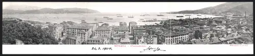Klapp-AK Spezia, Panorama mit Dampfer vor dem Ort