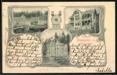 Relief-AK Neumarkt i. St., Villa Barbara, Villa Wolf und Vorort Strimitzen