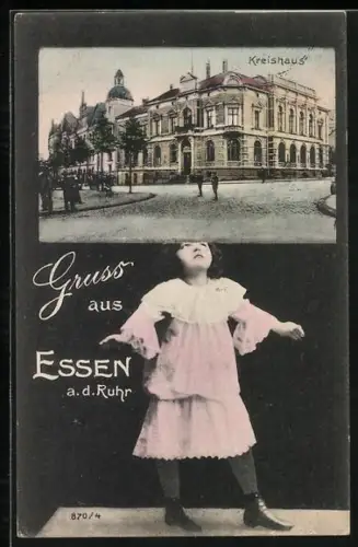 Grusskarten-AK Essen a. d. Ruhr, Kreishaus im Passepartout mit kleinem Mädchen