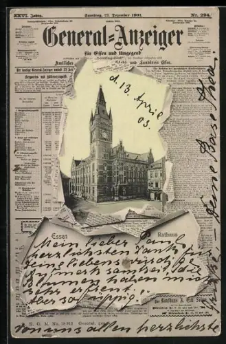Zeitung-AK Essen / Ruhr, Rathaus im Passepartout, General-Anzeiger