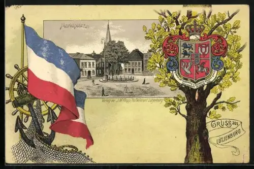 Passepartout-Lithographie Lütjenburg, Blick auf den Marktplatz, Wappen