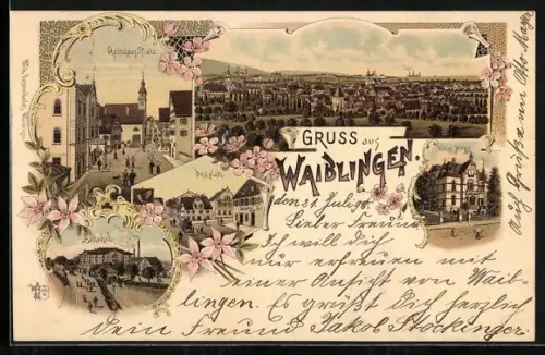 Lithographie Waiblingen, Kirche, Torturm, OrtsansichtRathaus-Platz, Bahnhof, Postplatz