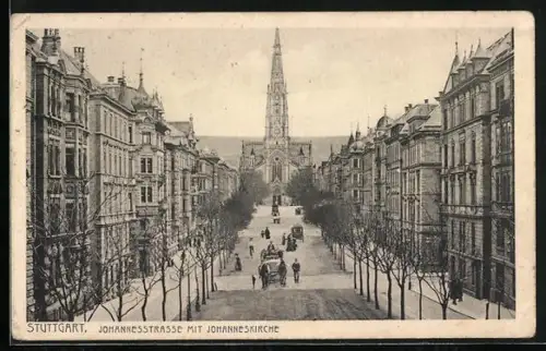 AK Stuttgart, Johannesstrasse mit Johanneskirche