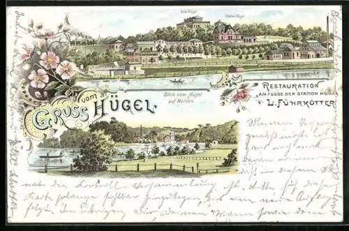 Lithographie Hügel, Villa und Station Hügel, Restauration von L. Führkötter, Blick vom Hügel auf Werden