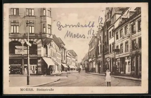 AK Moers, Steinstrasse mit Warengeschäften