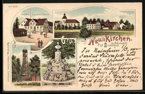 Lithographie Neunkirchen / Odenwald, Gasthaus zum grünen Baum, Kaiserturm, Ohly Denkmal, Ortsansicht
