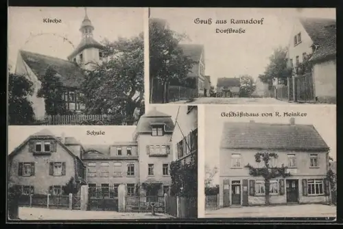 AK Ramsdorf / Lucka, Geschäft von R. Heinker, Kirche, Schule und Dorfstrasse