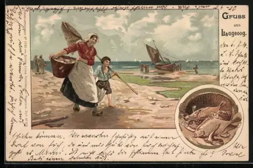 Lithographie Langeoog, Fischerin am Strand