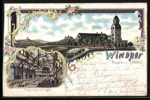 Lithographie Giessen, Restaurant Windhof mit Innenansicht