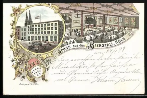Lithographie Köln a. Rh., Restaurant Bierstall mit Innenansicht