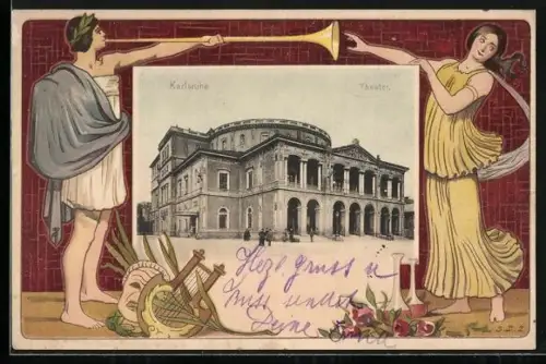 AK Karlsruhe, Theater im Passepartout, Griechische Schauspieler mit Harfe und Maske, Jugendstil