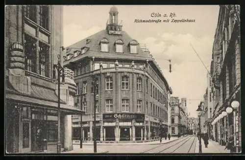 AK Cöln a. Rh., Richmodstrasse mit Zeppelinhaus und Möbelgeschäft Schurmann