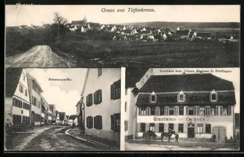 AK Tiefenbronn, Gasthaus zum Ochsen, Strassenpartie, Totalansicht