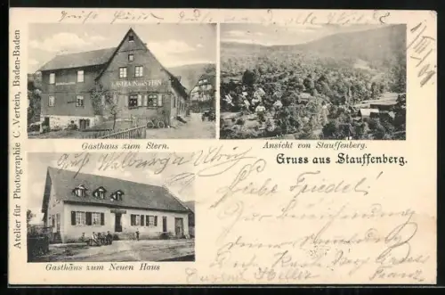 AK Stauffenberg, Gasthaus zum Stern, Gasthaus zum Neuen Haus und Totalansicht