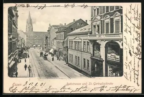AK Essen, Rottstrasse und St. Gertrudiskirche mit Geschäften
