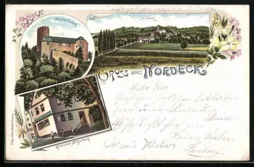 Lithographie Nordeck, Restaurant Stelzenbach, Schloss Nordeck und Totalansicht