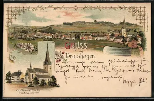 Lithographie Drolshagen, St. Clemens-Kirche und Totalansicht