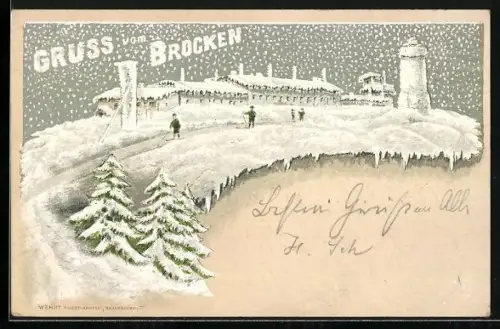 Winter-Lithographie Brocken /Harz, Brockenhaus im Winter