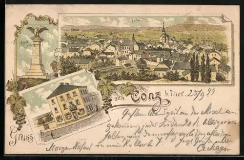 Lithographie Conz b. Trier, Gasthaus von J. Weitzel, Grana-Höhe und Totalansicht