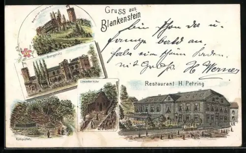 Lithographie Blankenstein / Ruhr, Restaurant H. Petring, Burgplatz, Einsiedler Hütte und Burg
