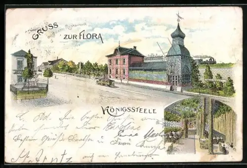 Lithographie Königssteele, Restaurant zur Flora mit Strassenbahn