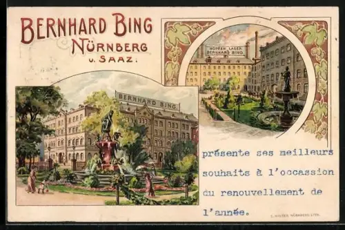 Lithographie Nürnberg, Restaurant und Hopfen-Lager Bernhard Bing mit Anlagen