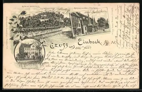 Lithographie Einbeck, Realprogymnasium, Ruine der Heldenburg, Rathaus mit den Sälen des Technikums