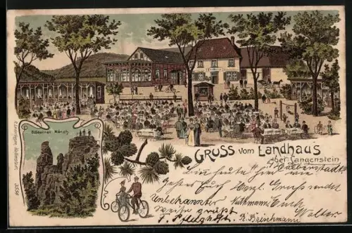 Lithographie Langenstein / Harz, Gasthof Landhaus mit Besuchern, Gläserner Mönch