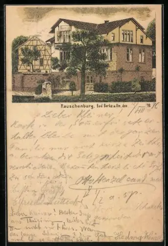 Lithographie Bad Berka a. Ilm, Blick auf den Gasthof Rauschenburg