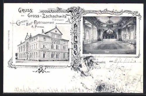 AK Dresden-Gross-Zschachwitz, Gasthof Gross-Zschachwitz v. A. Pinnow, Saal, Aussen- u. Innenansicht