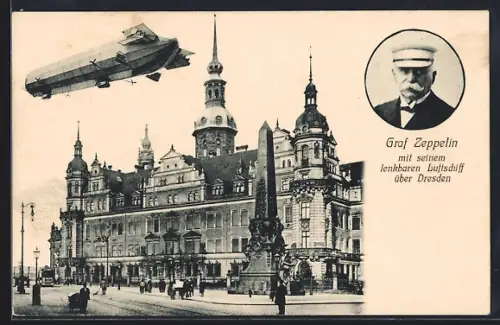 AK Dresden, Zeppelin am Schloss und Wettin-Obelisk