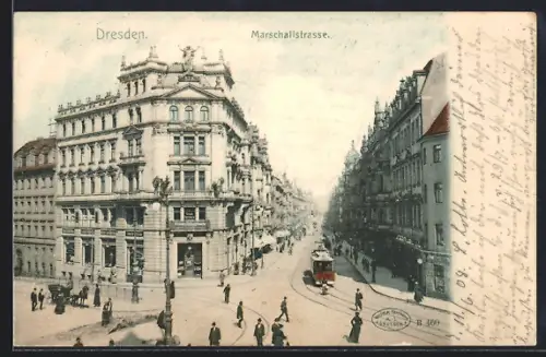 AK Dresden, Marschallstrasse mit Strassenbahn
