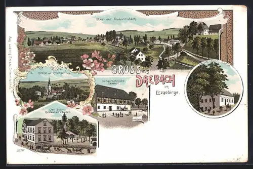 Lithographie Drebach / Erzgebirge, Schaarschmidt`s Gasthof, Restaurant Heidelbach Mühle, Emil Böhms Restaurant