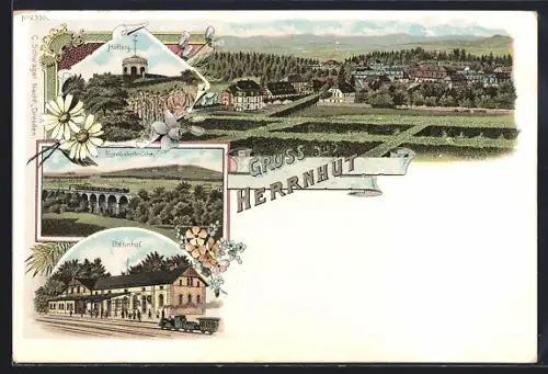 Lithographie Herrnhut, Eisen, Bahnhof, Eisenbahnbrücke, Hutberg