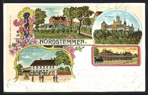 Lithographie Nordstemmen, Gasthaus v. Fritz Tangermann, Bahnhof, Marienburg