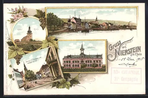 Lithographie Nierstein am Rhein, Kathol. Kirche, Schulhaus, Markt mit Rathaus und evangel. Kirche