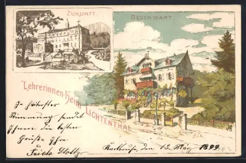Lithographie Lichtenthal / Baden-Baden, Lehrerinnen-Heim: Gegenwart & Zukunft