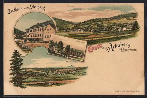 Lithographie Arlesberg / Thür., Gasthaus zum Arlesberg, Gartenlokal, Ortsansicht