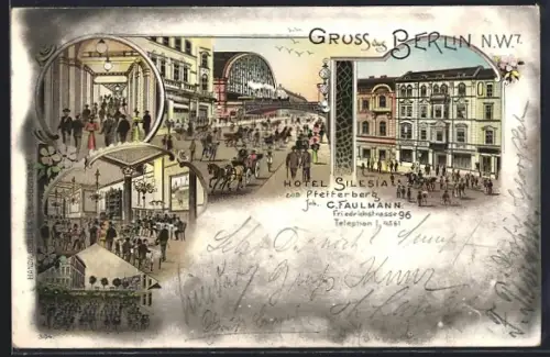 Lithographie Berlin, Hotel Silesia zum Pfefferberg in der Friedrichstrsse 96, Inh. C. Faulmann, Bahnhof