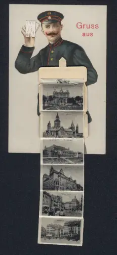 Leporello-AK Mainz, Briefträger mit Ansichten von Bahnhof, Stadthalle, Marktplatz, Gutenbergplatz und Dom