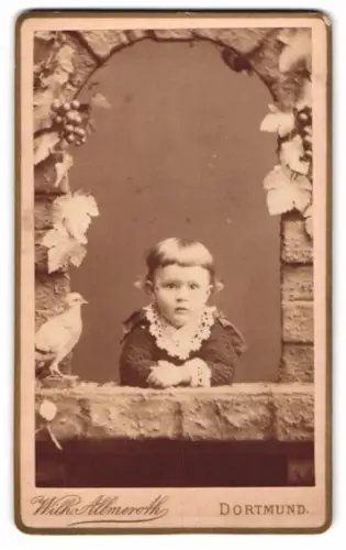 Fotografie Wilhelm Allmeroth, Dortmund, Westenhellweg 94, Porträt eines Kindes mit Taube in einer Studiokulisse