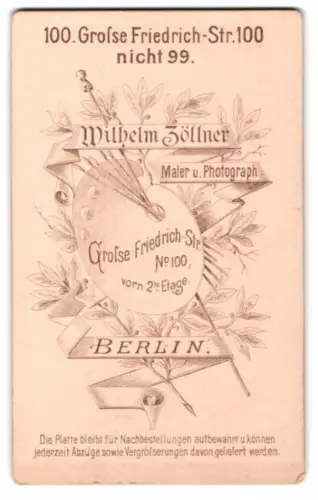 Fotografie Wilhelm Zöllner, Berlin, Grosse Friedrich-Str. 100, Malpalette mit Anschrift des Atelier