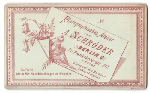 Fotografie A. Schröder, Berlin, Gr. Frankfurterstr. 117, Fotografen Anschrift auf einer Visitenkarte