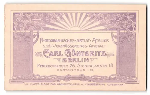 Fotografie Carl Günteritz, Berlin, Perlebergerstr. 26, Anschrift des Atelier mit Sonnenaufgang