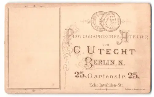 Fotografie C. Utecht, Berlin, Gartenstr. 25, Anschirft des Atelier nebst freiem Feld für Widmung