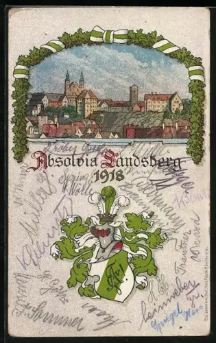 Künstler-AK Landsberg / Lech, Absolvia 1918, Studentenwappen mit Helm